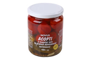 Ассорти маринованное из томатов черри и огурцов корнишонов пастеризованное Novus с/б 480г