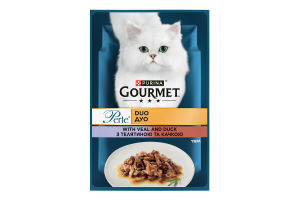 Корм консервований для дорослих котів міні філе у підливі з телятиною та качкою Perle duo Gourmet д/п 85г