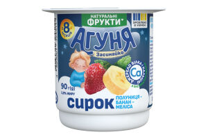 Сирок 3.9% для дітей від 8міс з наповнювачем фруктовим Полуниця-банан-меліса Агуня ст 90г