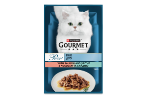 Корм консервированный полнорационный для взрослых котов мини филе в подливе с лососем и сайдой Perle duo Gourmet д/п 85г