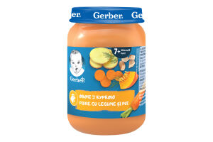 Пюре овоще-мясное для детей от 7мес с кусочками стерилизованное Овощи с курицей Gerber с/б 190г