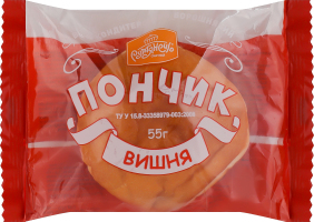 Пончик з наповнювачем фруктовим з ароматом пастеризованим для кондитерських виробів з цукром Вишня Рум'янець м/у 55г