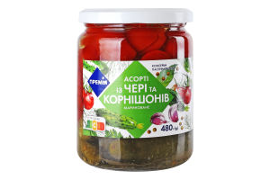 Асорті із чері та корнішонів мариноване пастеризоване 480 г ТМ "Премія"