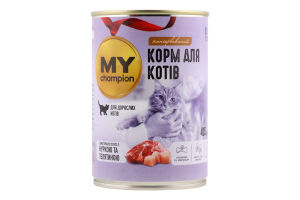 Корм д/котів Шматочки з куркою та телятиною в желе 415г ж/б My Champion