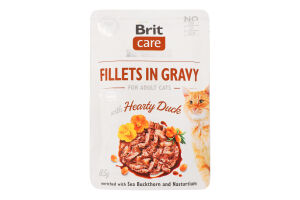 Корм влажный для взрослых котов Fillets in Gravy with Hearty Duck Care Brit д/п 85г
