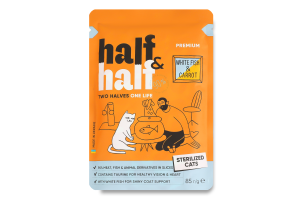 Корм влажный для кастрированных/стерилизованных котов с белой рыбой и морковью в соусе Premium Half&Half д/п 85г
