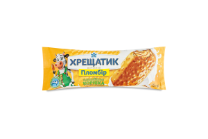 Мороженое 12% пломбир с вафельной крошкой в ​​кондитерской глазури со вкусом карамели Пломбирная коровка Хрещатик м/у 75г