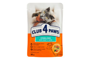 Корм консервований повнораціонний для дорослих стерилізованих котів З яловичиною в желе Premium Club 4 Paws д/п 80г