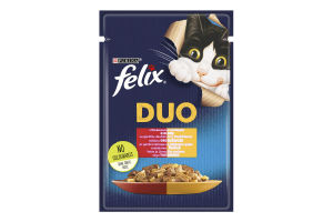 Корм консервированный полнорационный для взрослых котов с говядиной и птицей кусочки в желе Duo Felix д/п 85г