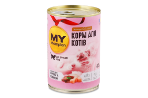 Корм д/котів Шматочки з куркою та печінкою в желе 415г ж/б My Champion