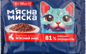 Корм д/котів М'ясний мікс шматочки в соусі 4*100г пауч М'ясна миска