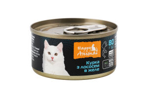 Корм консервированный для взрослых котов и котят полнорационный Курица с лососем в желе Happy Animal ж/б 80г