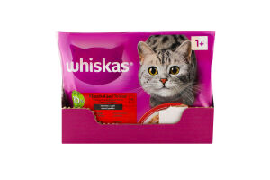 Набір кормів консервованих повнораціонних для дорослих котів з яловичиною, з куркою в соусі Whiskas м/у 4х85г