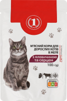 Корм консервированный полнорационный в желе для взрослых котов С говядиной и сердцем ТМ "1" д/п 100г