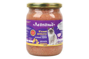 Корм консервированный для котов Мясной деликатес с сердцем, печенью, курицей Премиум Леопольд с/б 500г