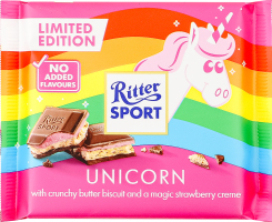 Шоколад Unicorn молочний з начинкою з полуничним смаком та печивом 100г Ritter Sport