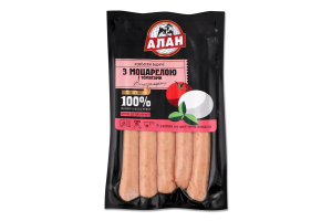 Колбаски вареные С моцареллой и томатами Алан в/с в/у 0.2кг