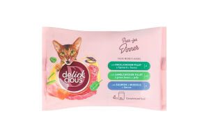 Корм консервированный полнорационный для взрослых котов Ассорти №3 Delickcious м/у 4х85г
