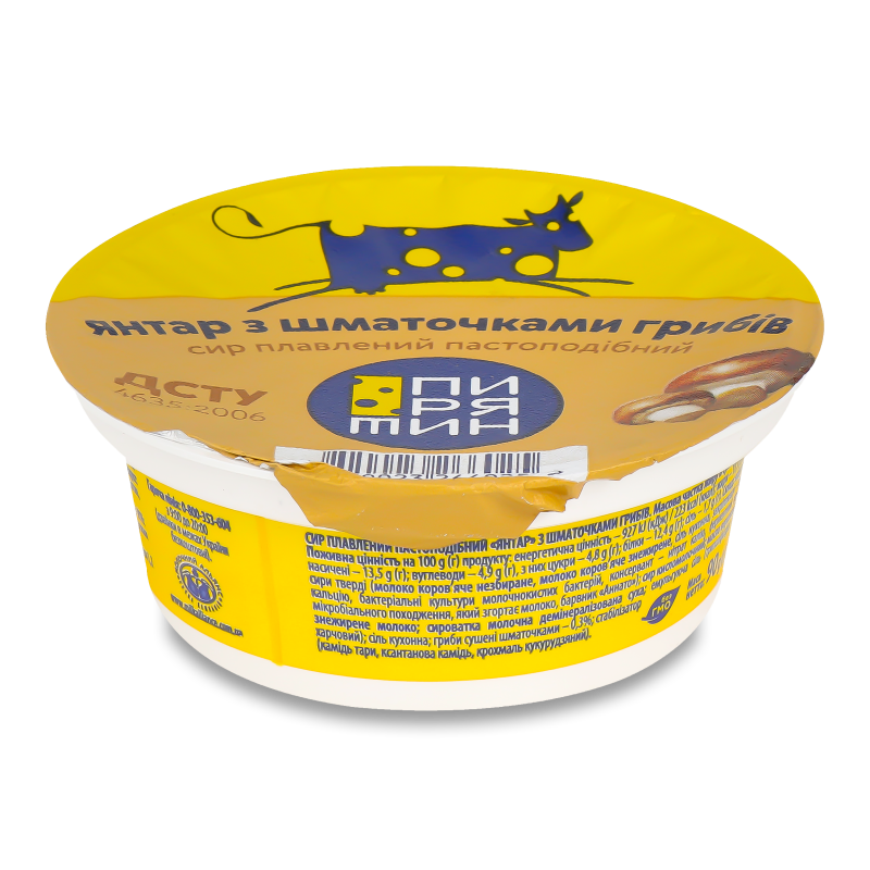 Сир плавлений Янтар з шматочками грибів пастоподібний 45% 90г стакан Пирятин