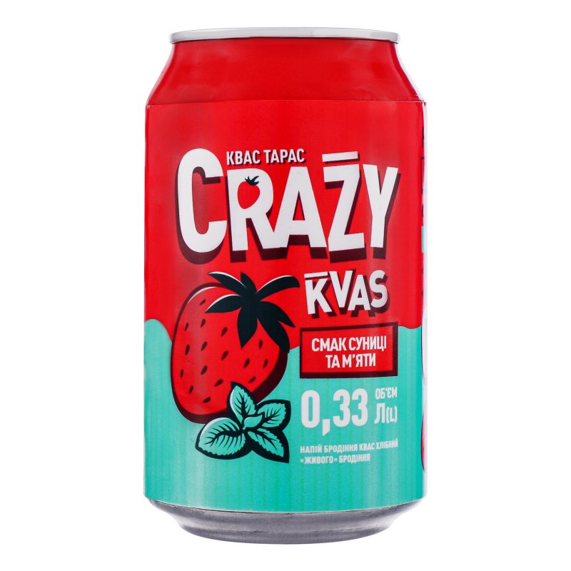 Квас зі смаком суниці і мʼяти сильногазований пастеризований Crazy