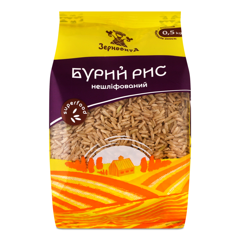 Рис Бурий нешліфований 500г Зерновита