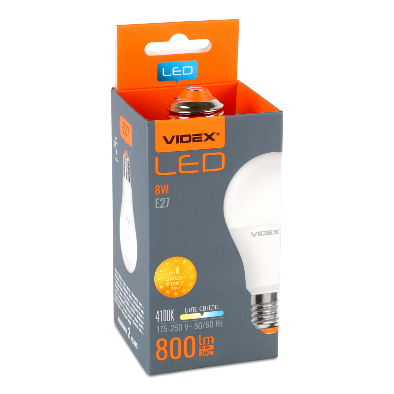 Лампа LED A60e 8W E27 4100K 220V Videx