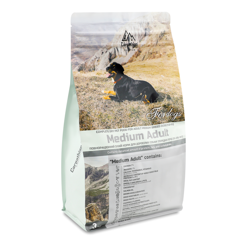 Корм д/собак середніх порід Медіум Едалт з куркою та палтусом сухий 3кг Карпатіан Пет Фуд