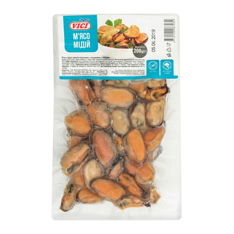 Мидии (мясо) варено-мороженые вак уп 1/200г vici любо есть (4770190087032)