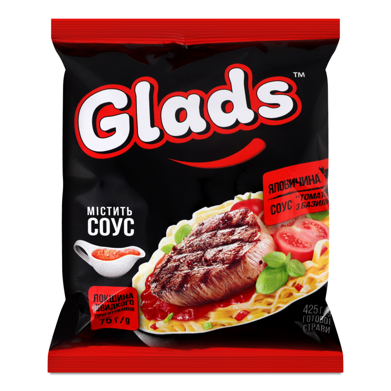 Локшина швидкого приготування з смаком яловичини та соусом Томатний з базиліком 75г Glads