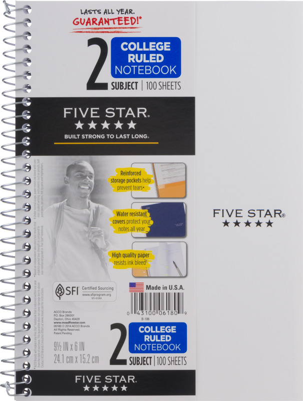Mead Five Star 2 Subject College Ruled Notebook 100 Sheets Mead