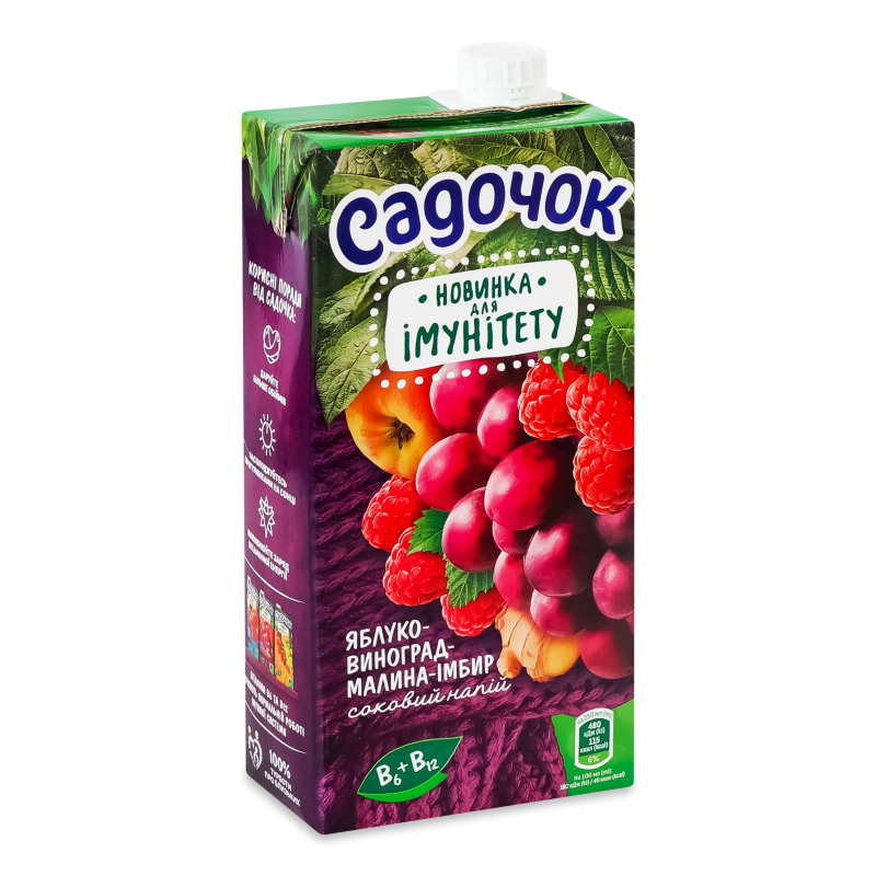 Напій cоковий Яблуко-виноград-малина-імбир вітамінізований 950мл т/п Садочок