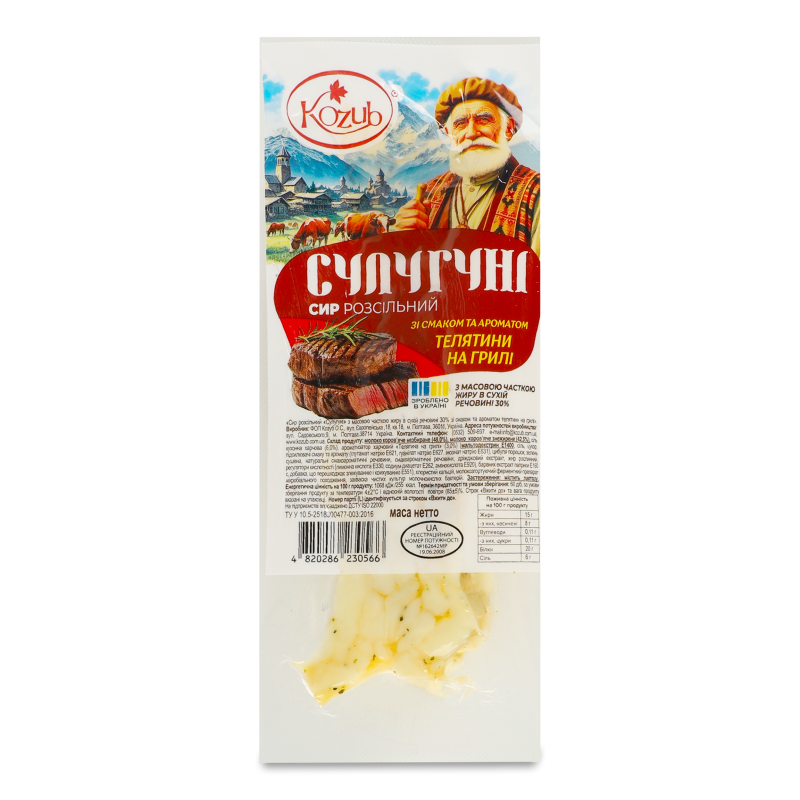 Сир розсільний Сулугуні соломка з смаком телятини на грилі 30% 100г в/у Kozub