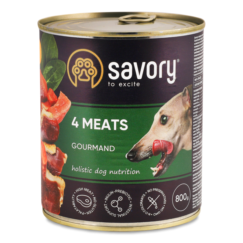 Корм д/собак Паштет 4види м’яса 800г ж/б Savory