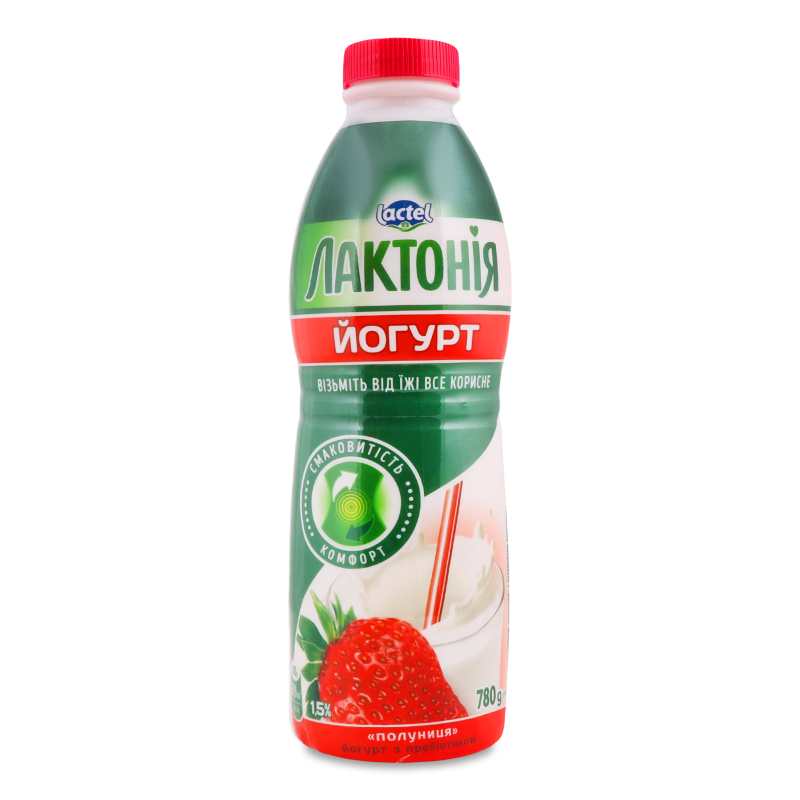 Йогурт питний з наповнювачем Полуниця з пребіотиком 1,5% 780г пет Лактонія