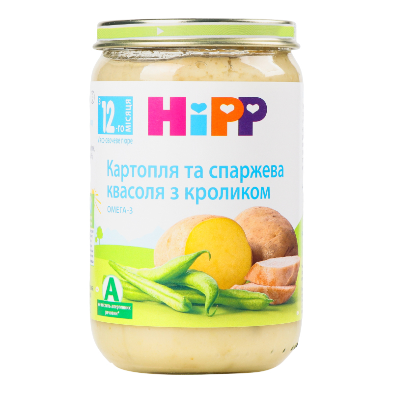 Пюре для дітей від 12міс Картопля та спаржева квасоля з кроликом Hipp с/б