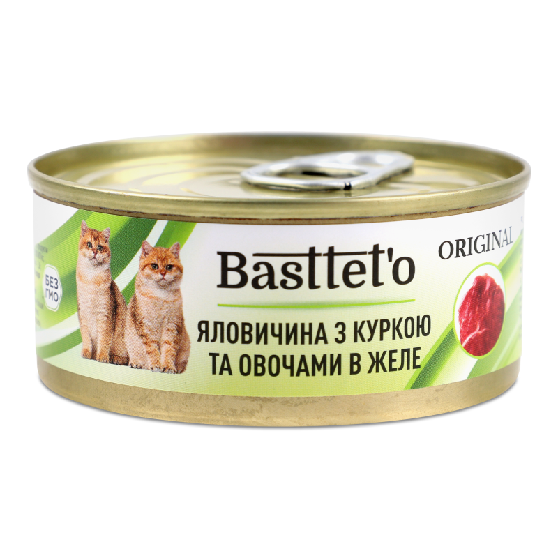 Корм д/котів Яловичина з куркою та овочами в желе 85г ж/б Басттет”о