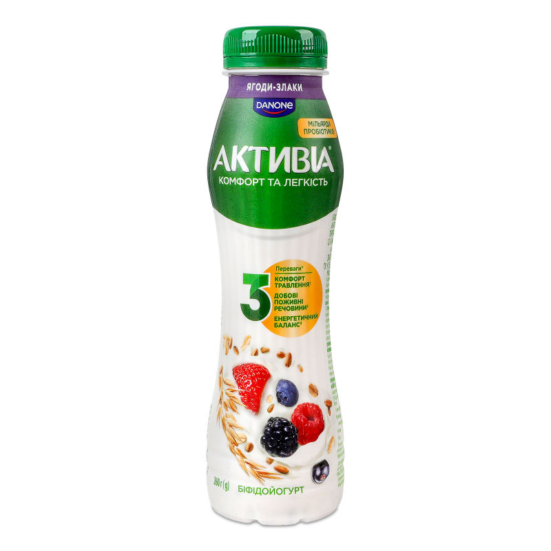 Біфідойогурт питний з наповнювачем Ягоди-злаки 1,2% 260г пет Активіа