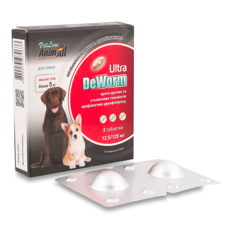 Препарат антигельмінтний д/собак від 5кг VetLine DeWorm Ultra 2таблетки AnimAll