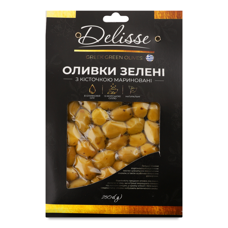 Оливки зелені з/к в оливковій олії 250г в/у Delisse