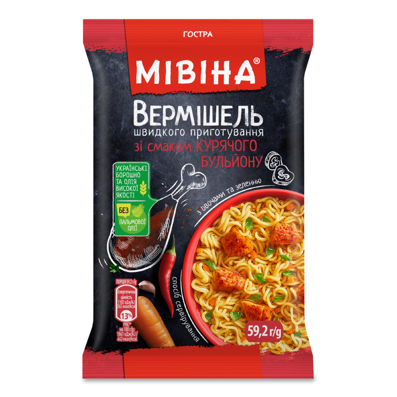 Вермішель швидкого приготування з смаком курячого бульйону гостра 59,2г Мівіна