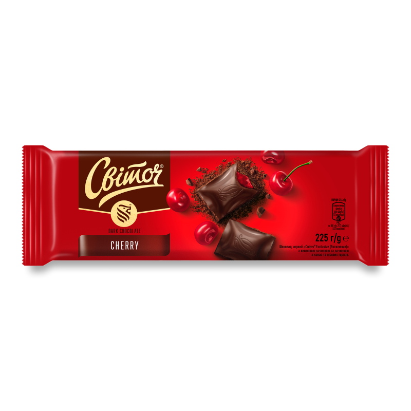 Шоколад Exclusive чорний з вишневою начинкою какао та лісовими горіхами 225г Світоч