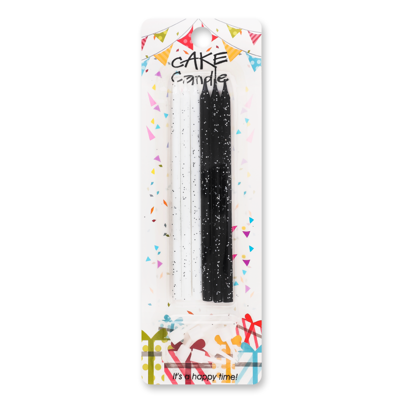 Набір свічок д/торту чорні та білі з підставками 13см 6шт KYYW177
