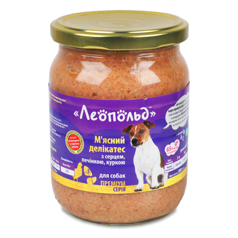 Корм д/собак М”ясний делікатес Преміум серія з серцем печінкою та куркою 500г твіст/б Леопольд