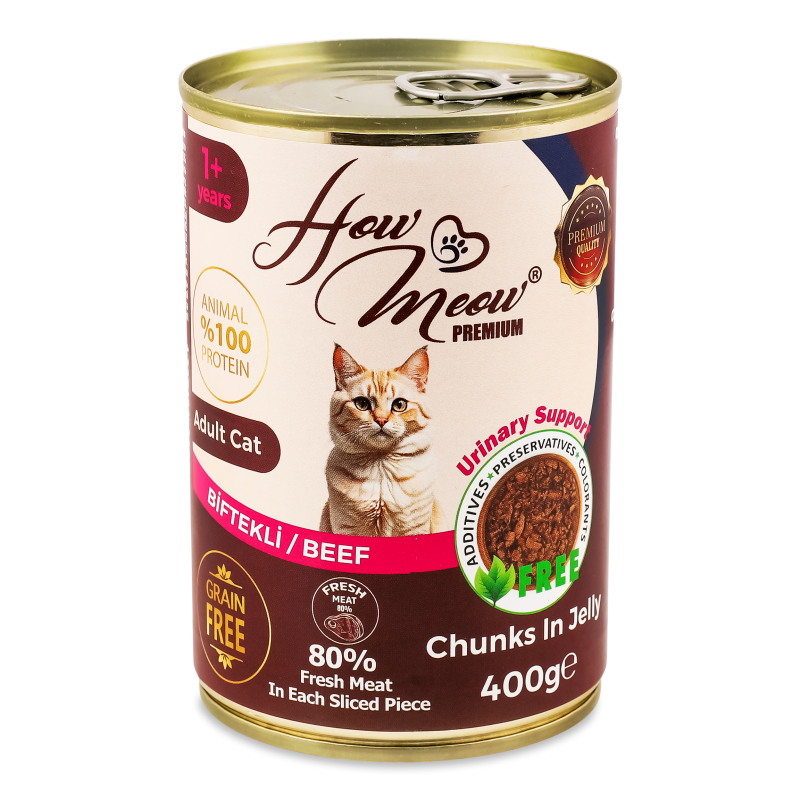 Корм д/дорослих котів з яловичиною 400г ж/б How Meow