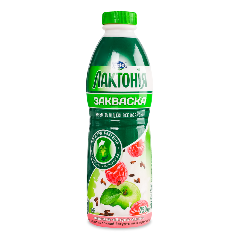 Напій кисломолочний йогуртний Закваска з наповнювачем Малина-яблуко-льон 1,5% 750г пет Лактонія