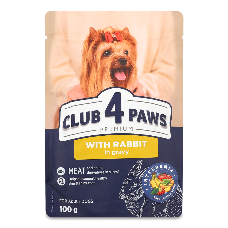 Корм д/дорослих собак Premium з кроликом в соусі 100г пауч Club 4 Paws