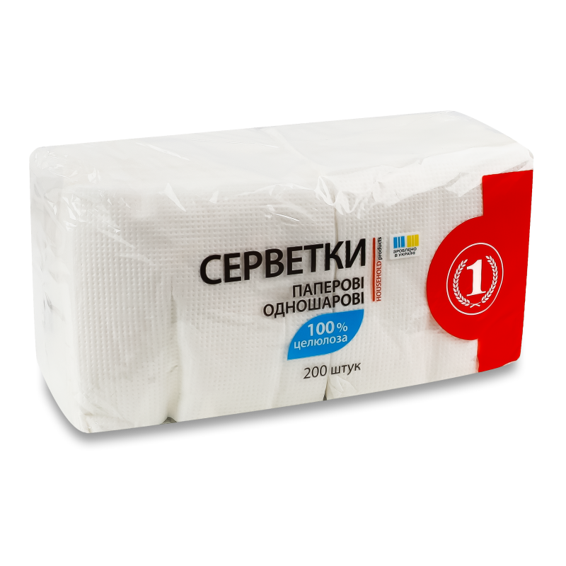 Серветки паперові білі одношарові 200шт ТМ “1”