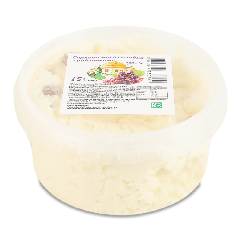 Маса сиркова з родзинками 15% 400г Хуторок