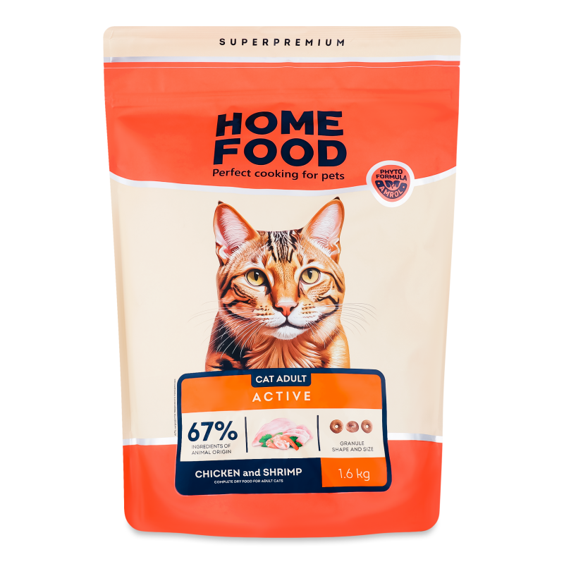 Корм д/дорослих активних котів Курочка та креветка сухий 1,6кг Home Food