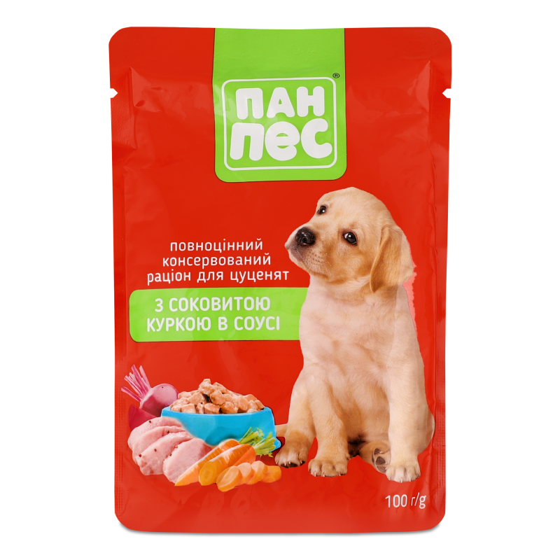 Корм д/цуценят з куркою в соусі 100г пауч Пан Пес